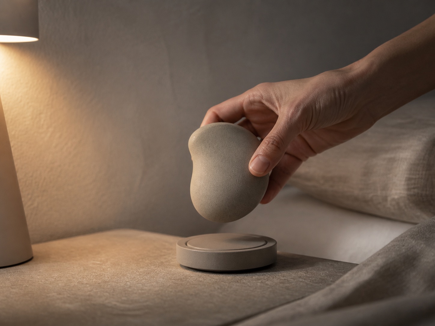 A hand gently lifting Pybl Carreg from its wireless charging dock beside the bed